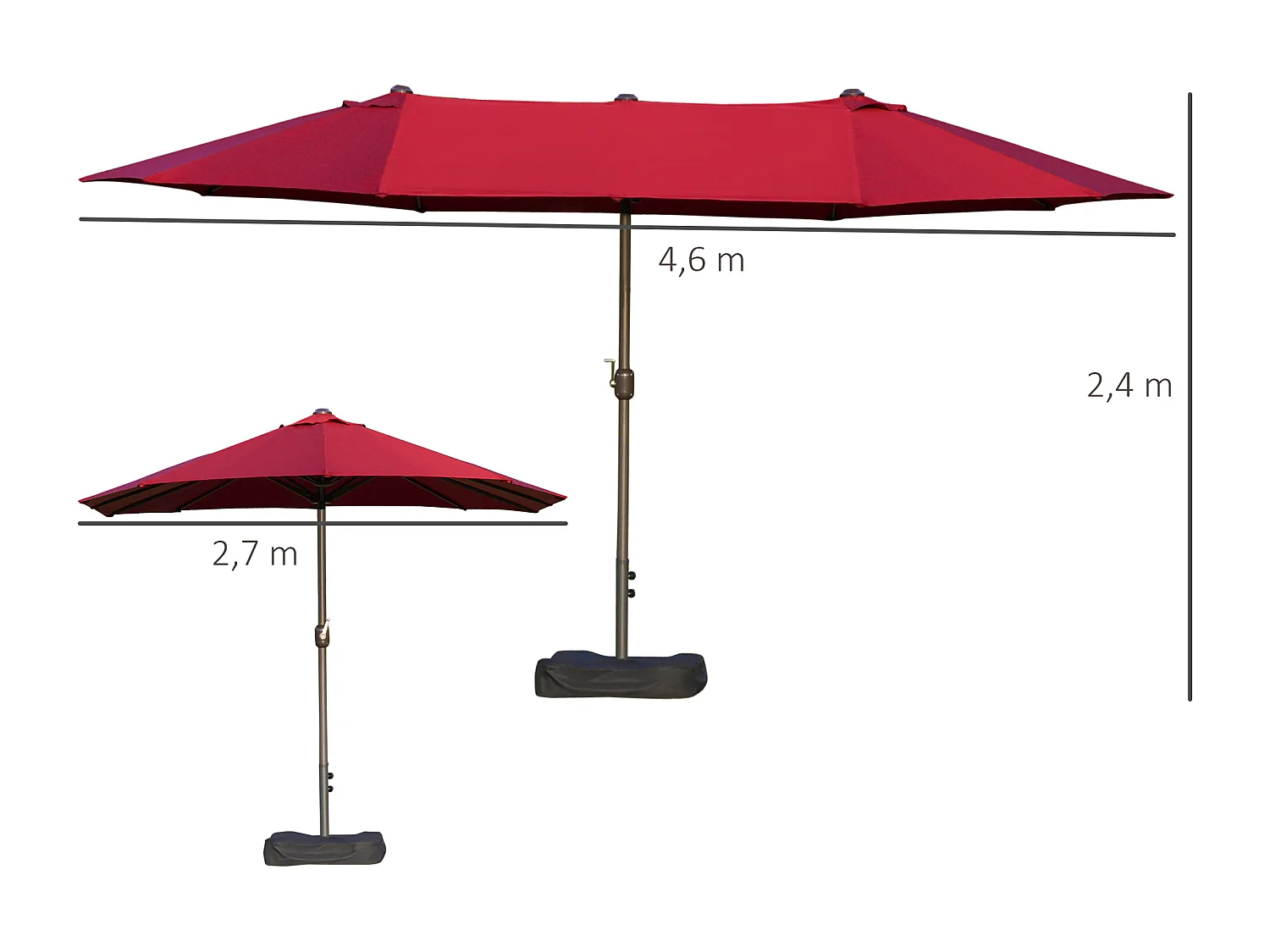 Parasol de jardin XXL dim. 4,6L x 2,7l x 2,4H m ouverture fermeture manivelle pied & contrepoids inclus acier polyester haute densité bordeaux