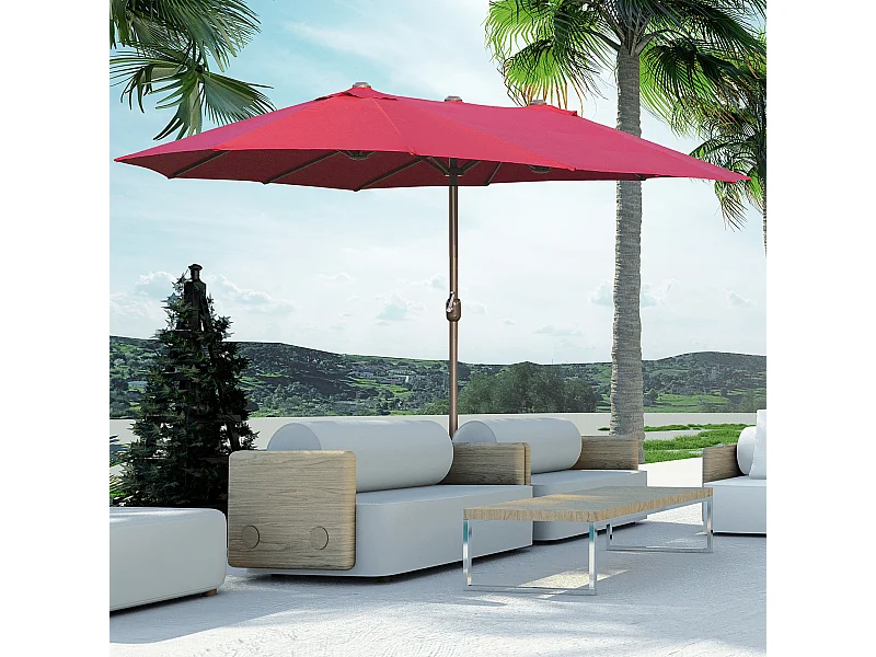 Parasol de jardin XXL dim. 4,6L x 2,7l x 2,4H m ouverture fermeture manivelle pied & contrepoids inclus acier polyester haute densité bordeaux