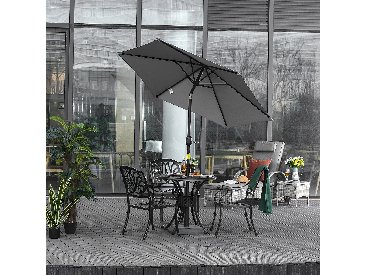 Parasol hexagonal inclinable dim. Ø 2,3 x 2,16H m métal polyester haute densité gris