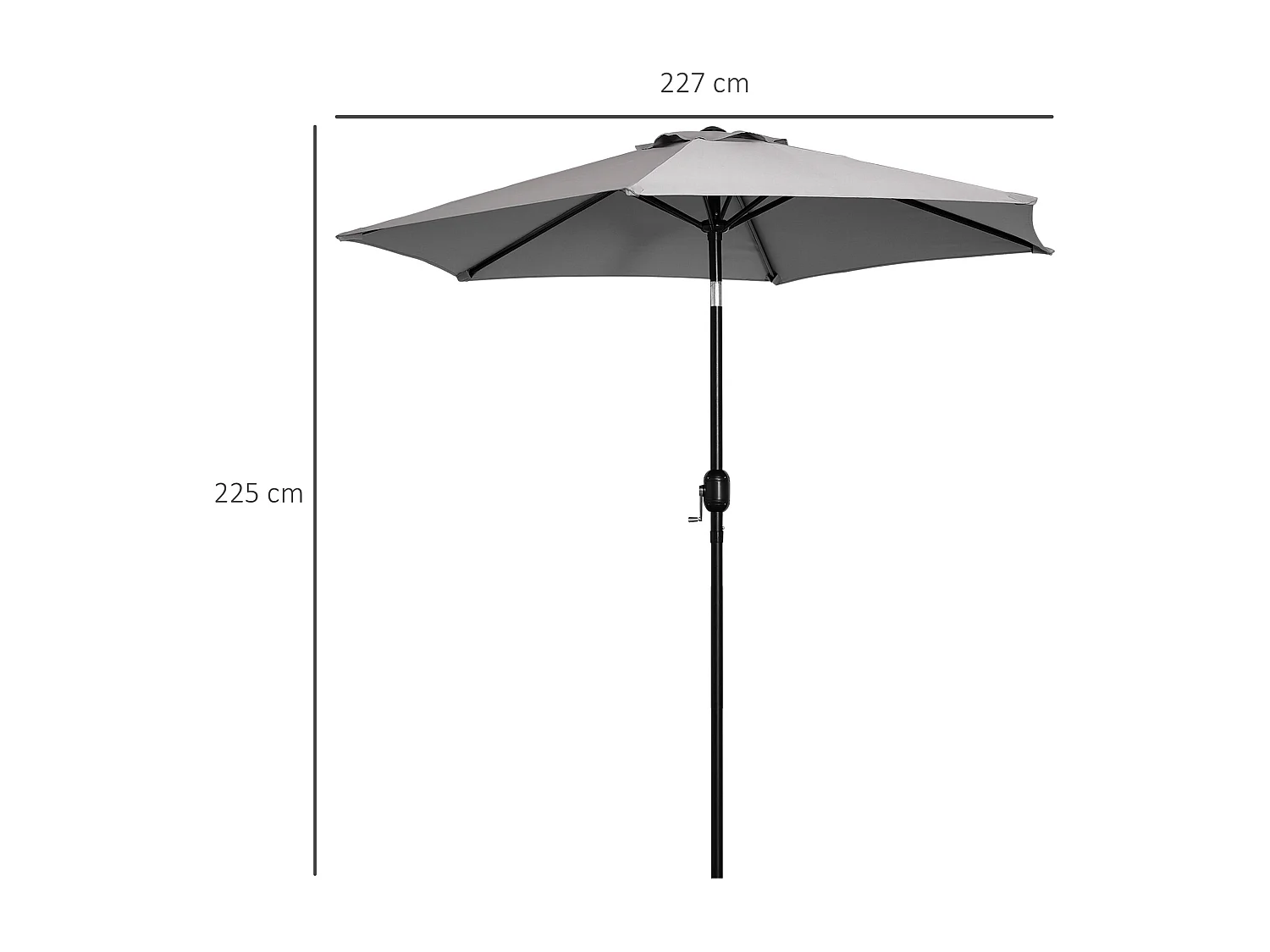 Parasol hexagonal inclinable dim. Ø 2,3 x 2,16H m métal polyester haute densité gris