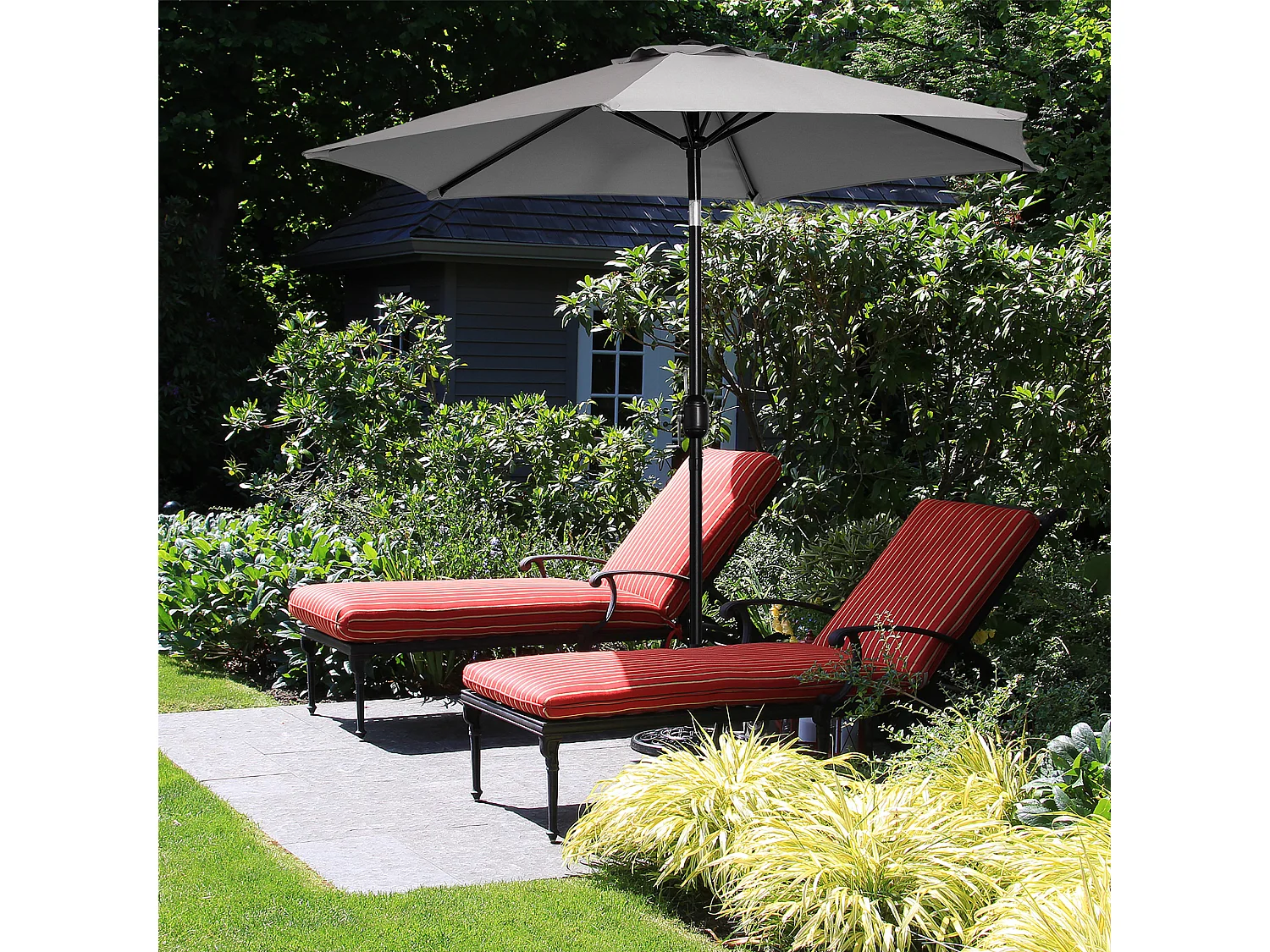 Parasol hexagonal inclinable dim. Ø 2,3 x 2,16H m métal polyester haute densité gris