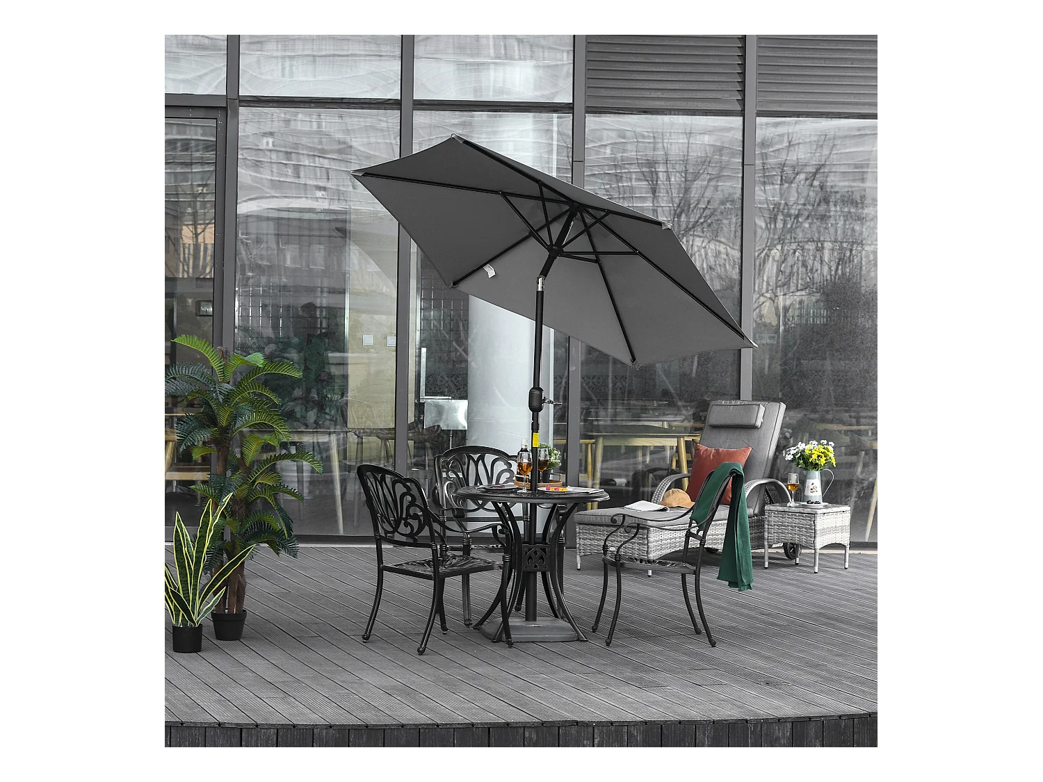 Parasol hexagonal inclinable dim. Ø 2,3 x 2,16H m métal polyester haute densité gris