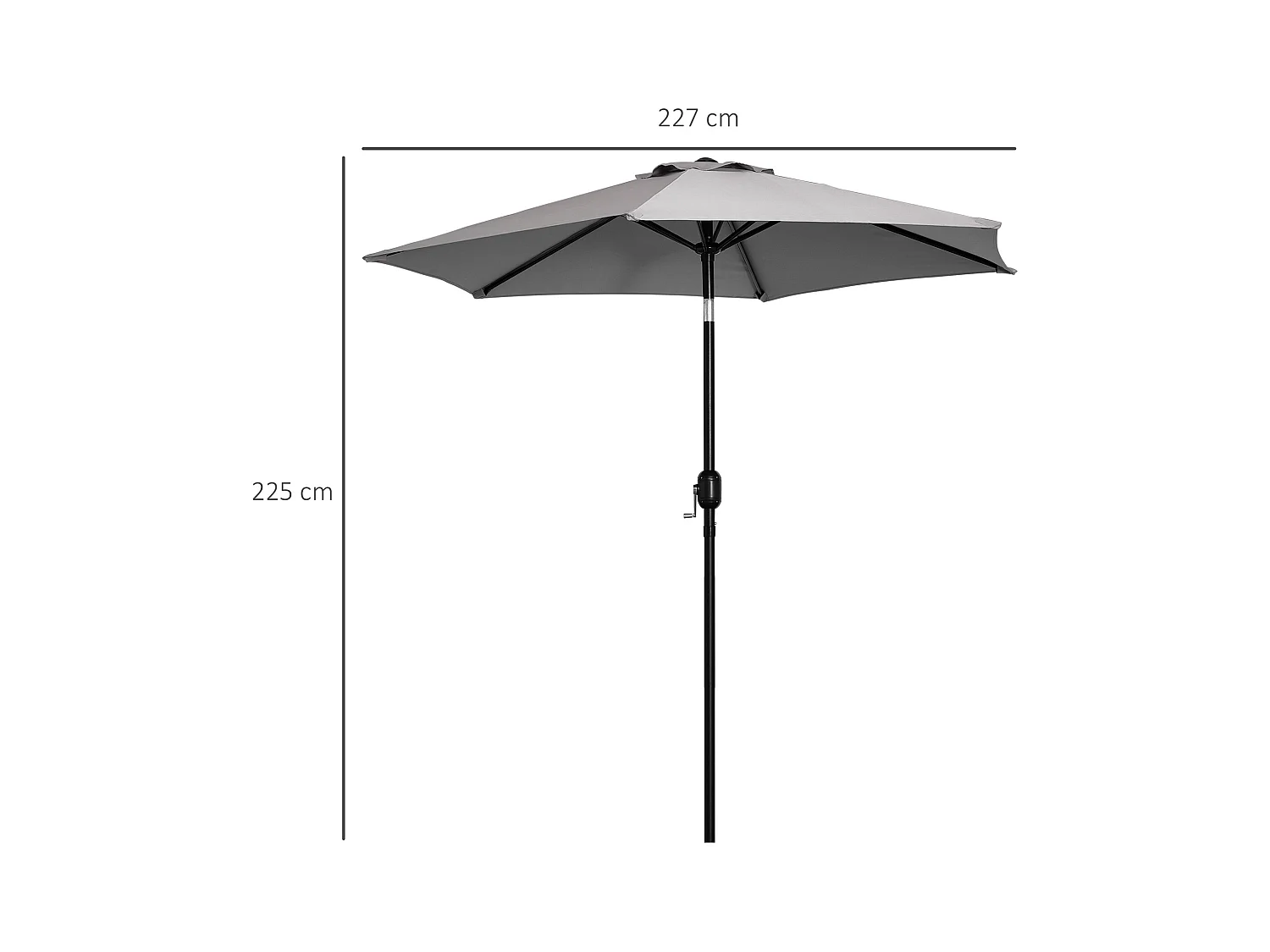 Parasol hexagonal inclinable dim. Ø 2,3 x 2,16H m métal polyester haute densité gris