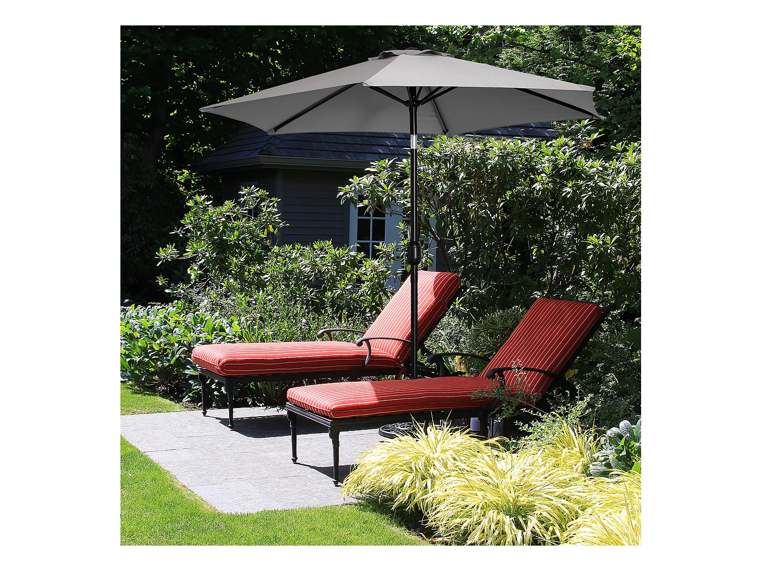 Parasol hexagonal inclinable dim. Ø 2,3 x 2,16H m métal polyester haute densité gris
