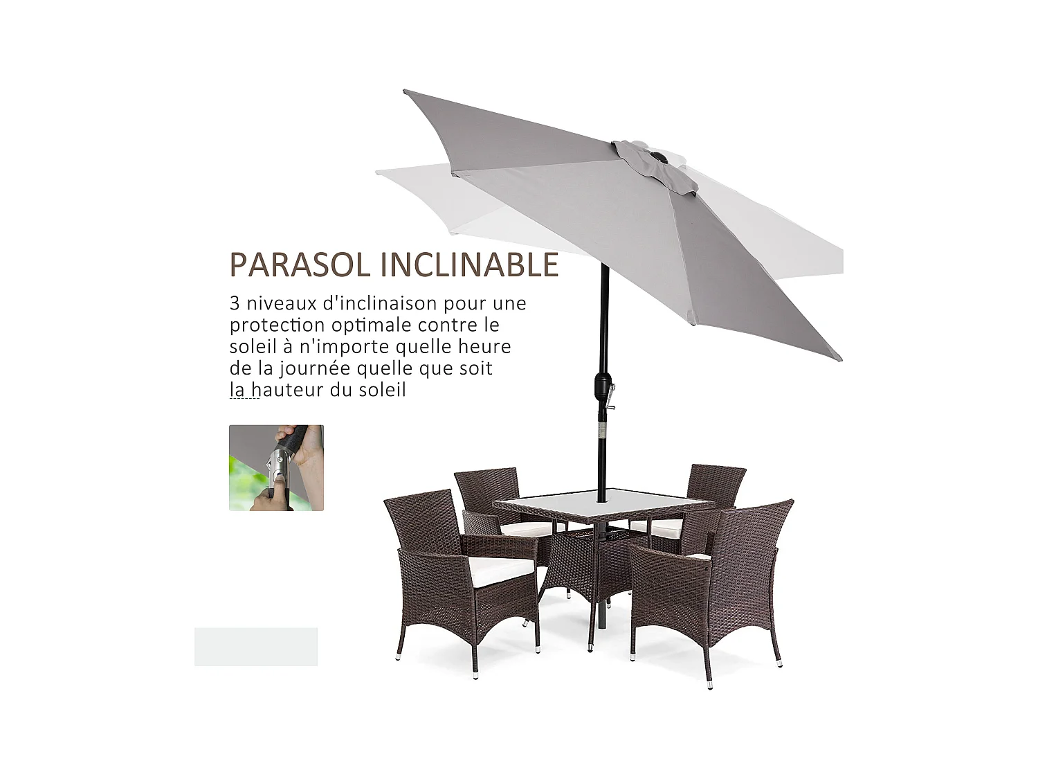 Parasol hexagonal inclinable dim. Ø 2,3 x 2,16H m métal polyester haute densité gris