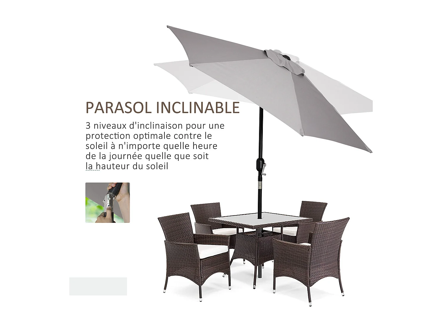 Parasol hexagonal inclinable dim. Ø 2,3 x 2,16H m métal polyester haute densité gris