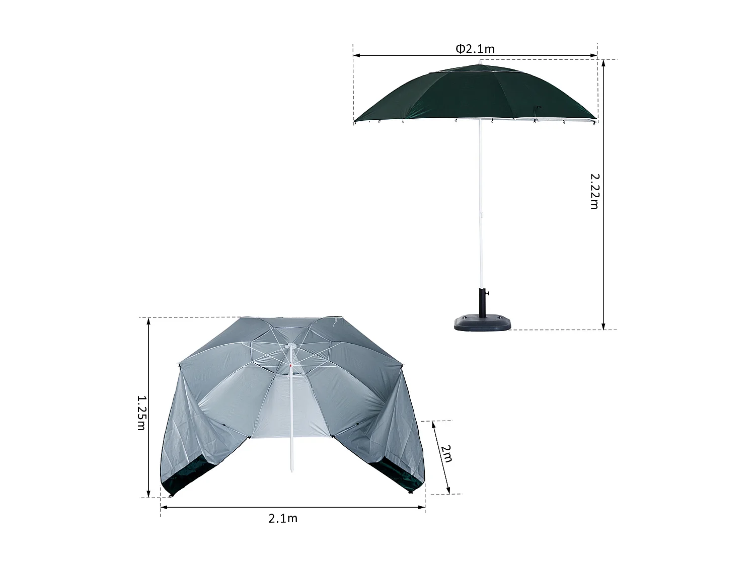 Parasol abri solaire ?2,1 x 2,22H cm protection UPF 50 +  sac transport fourni vert foncé