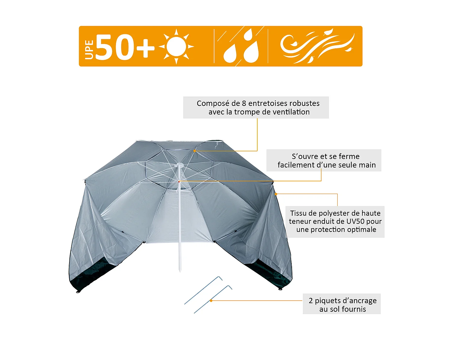 Parasol abri solaire ?2,1 x 2,22H cm protection UPF 50 +  sac transport fourni vert foncé