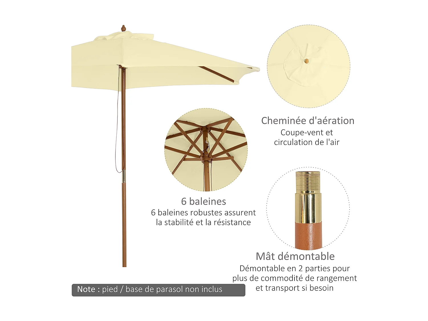 Outsunny Parasol droit hexagonal grande taille de jardin Ø 2,5 x 2,3H m bois de bambou crème