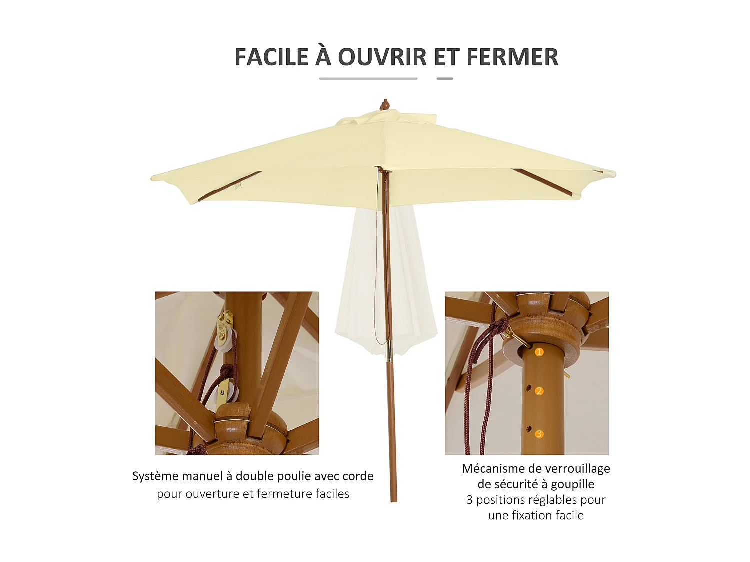 Outsunny Parasol droit hexagonal grande taille de jardin Ø 2,5 x 2,3H m bois de bambou crème