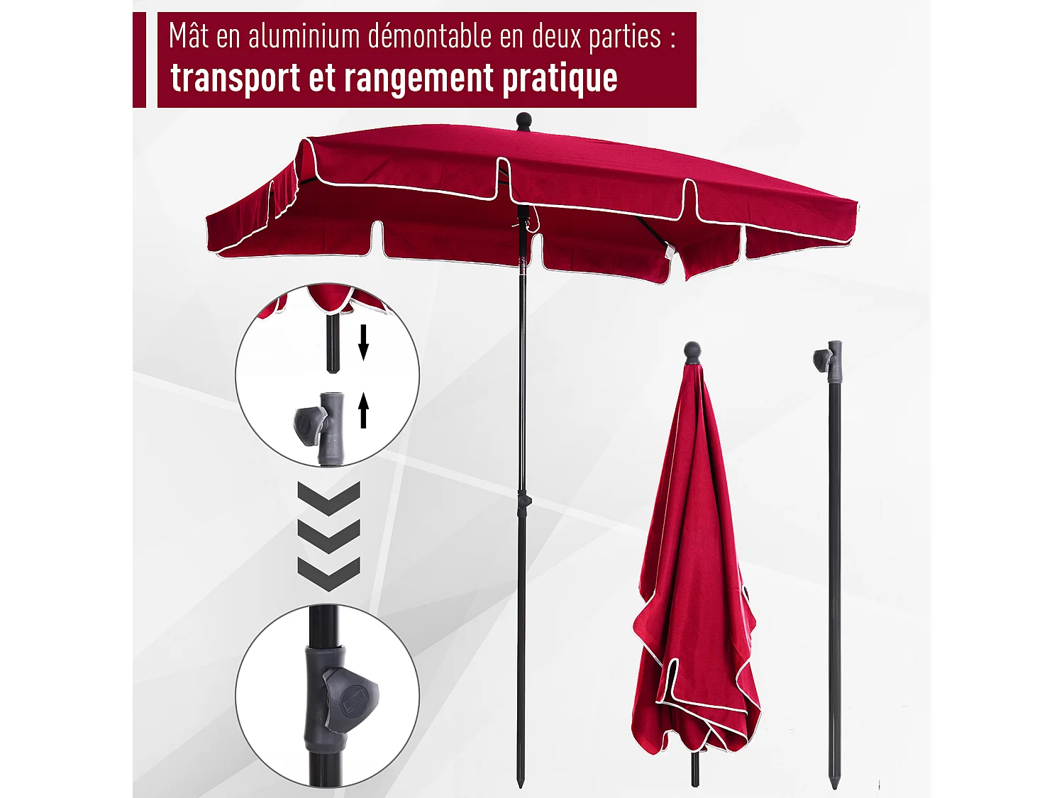 Parasol rectangulaire inclinable alu acier polyester haute densité diamètre 2 m rouge