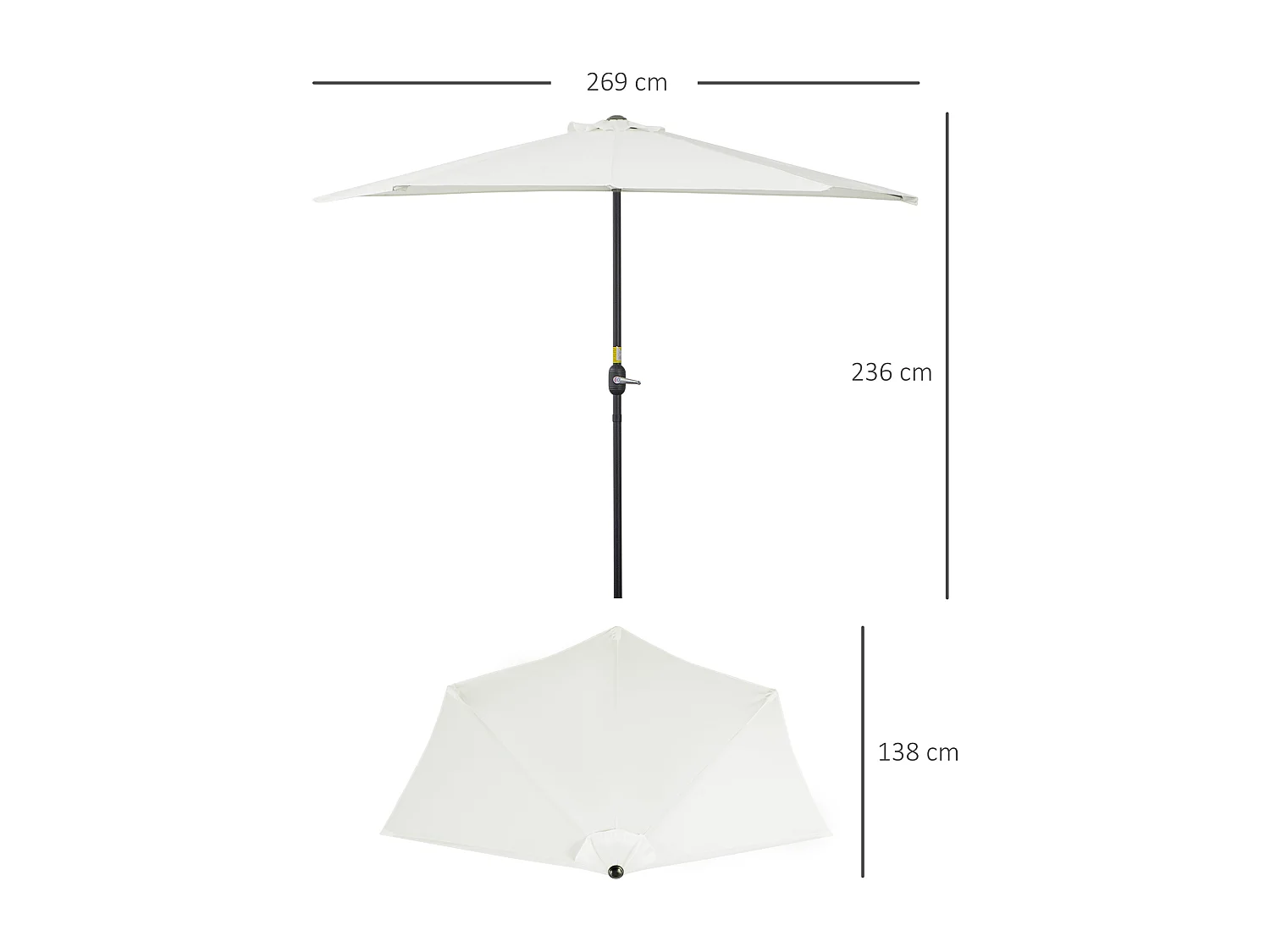 Demi parasol, parasol de balcon 5 entretoises métal polyester 2,69L x 1,38l x 2,36H m crème