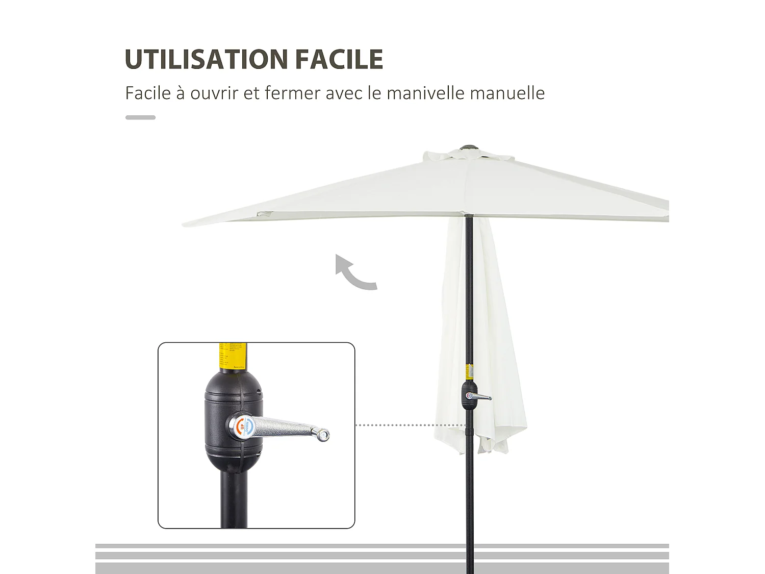 Demi parasol, parasol de balcon 5 entretoises métal polyester 2,69L x 1,38l x 2,36H m crème