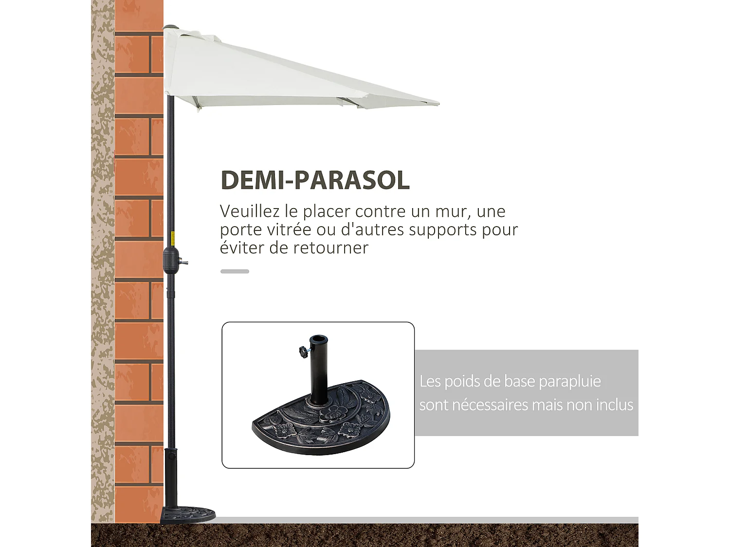 Demi parasol, parasol de balcon 5 entretoises métal polyester 2,69L x 1,38l x 2,36H m crème