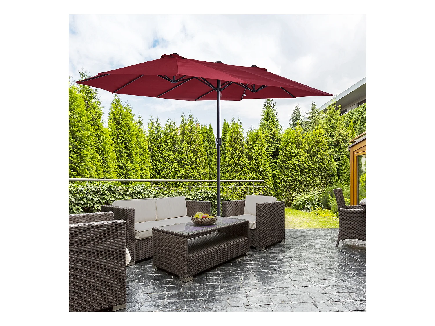 Parasol de jardin XXL parasol grande taille 4,6L x 2,7l x 2,4H m ouverture fermeture manivelle acier polyester haute densité bordeaux