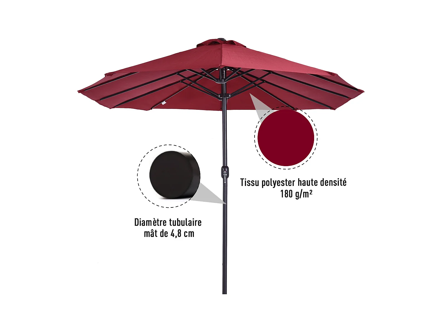 Parasol de jardin XXL parasol grande taille 4,6L x 2,7l x 2,4H m ouverture fermeture manivelle acier polyester haute densité bordeaux