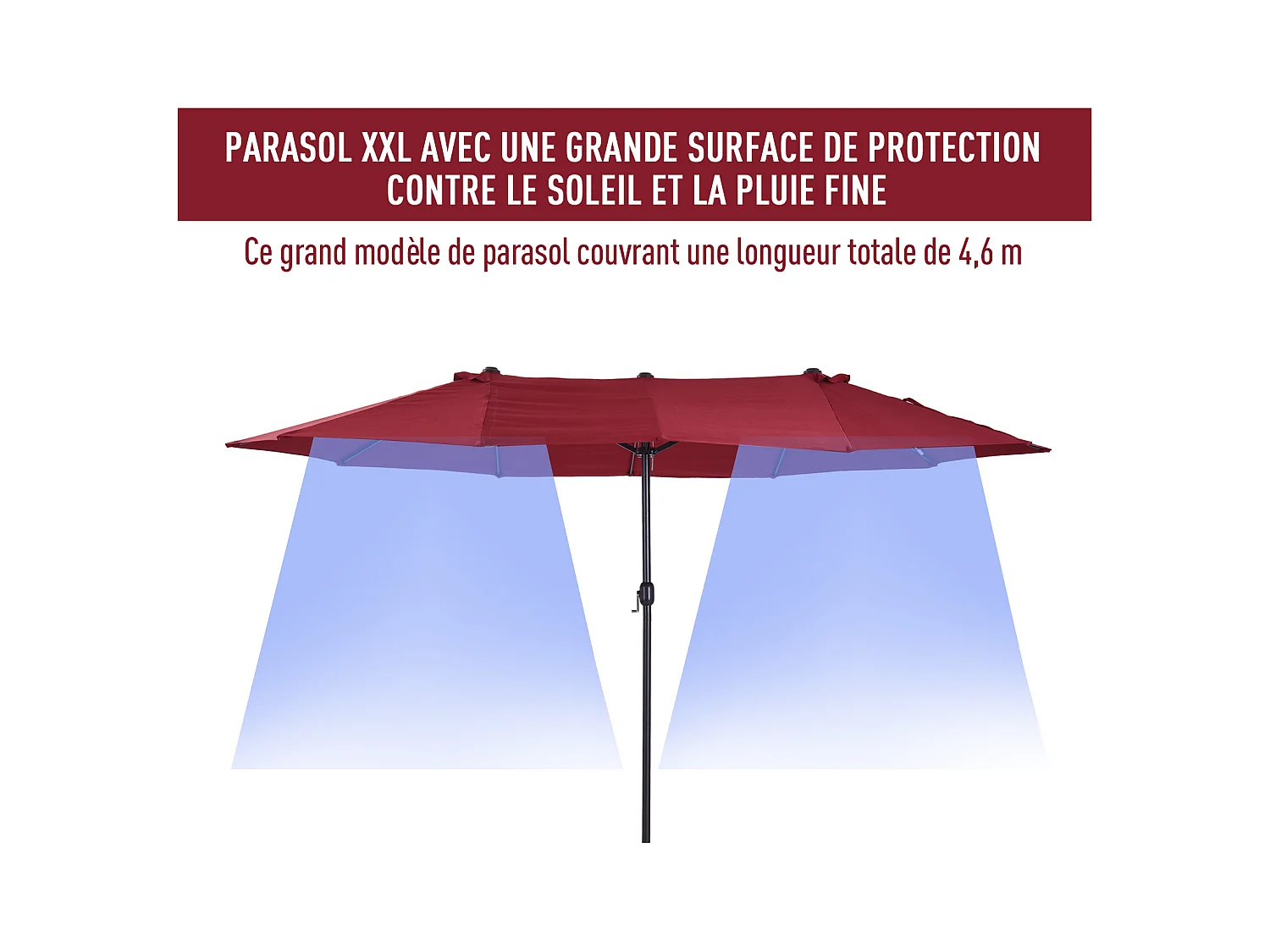 Parasol de jardin XXL parasol grande taille 4,6L x 2,7l x 2,4H m ouverture fermeture manivelle acier polyester haute densité bordeaux