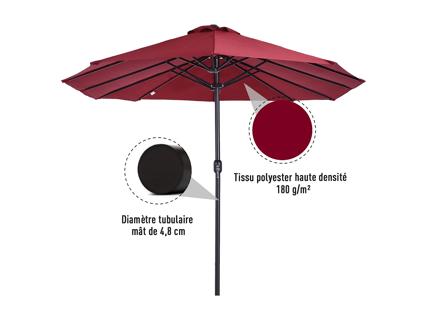 Parasol de jardin XXL parasol grande taille 4,6L x 2,7l x 2,4H m ouverture fermeture manivelle acier polyester haute densité bordeaux