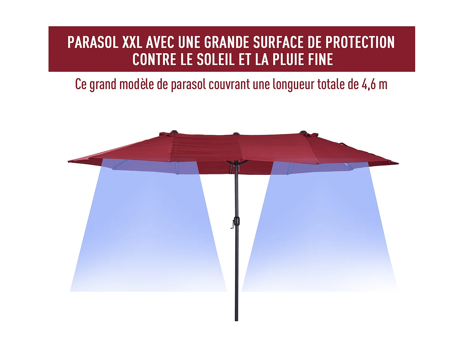 Parasol de jardin XXL parasol grande taille 4,6L x 2,7l x 2,4H m ouverture fermeture manivelle acier polyester haute densité bordeaux