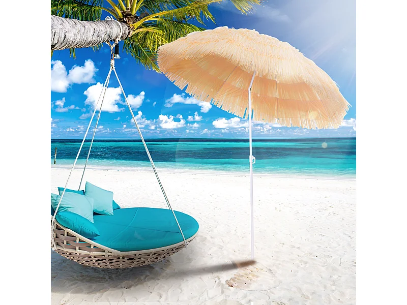 Parasol de plage jardin design hawai 160 cm raphia artificiel beige
