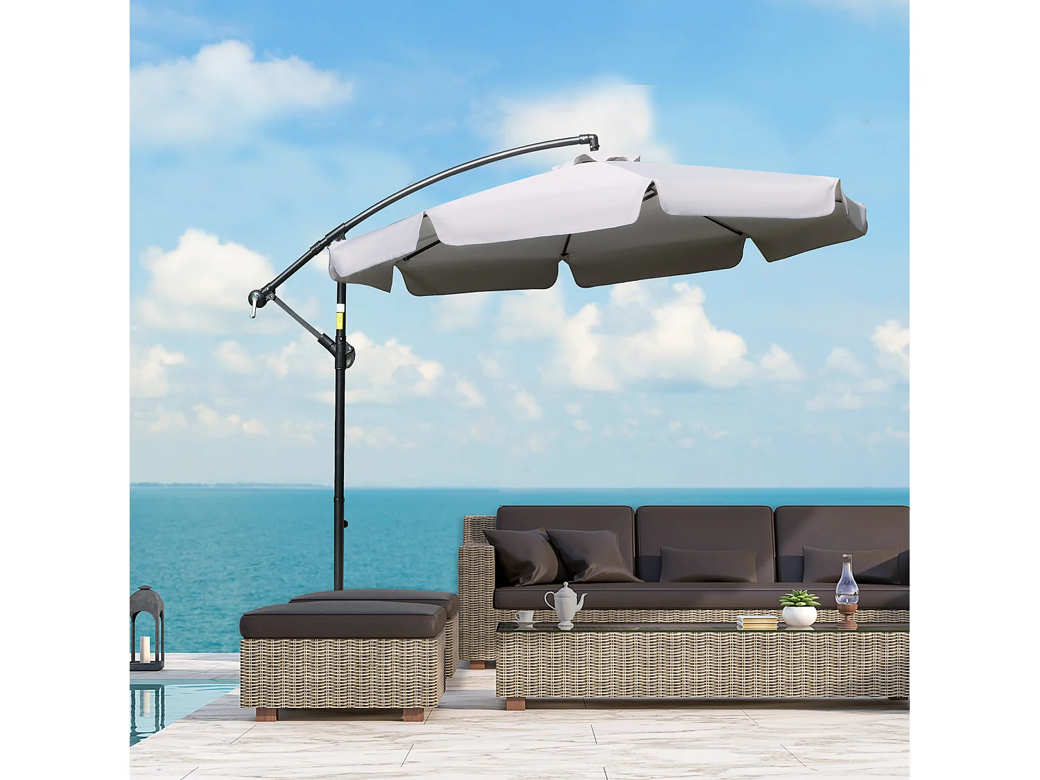 Parasol déporté octogonal inclinable manivelle Ø 2,65 x 2,45H m acier époxy polyester gris