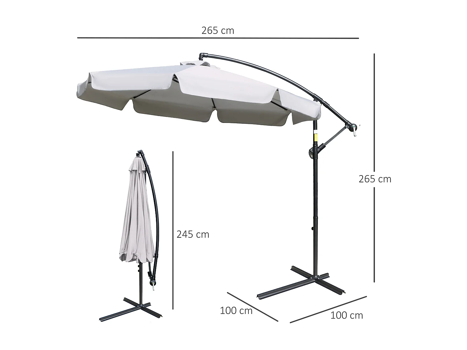 Parasol déporté octogonal inclinable manivelle Ø 2,65 x 2,45H m acier époxy polyester gris