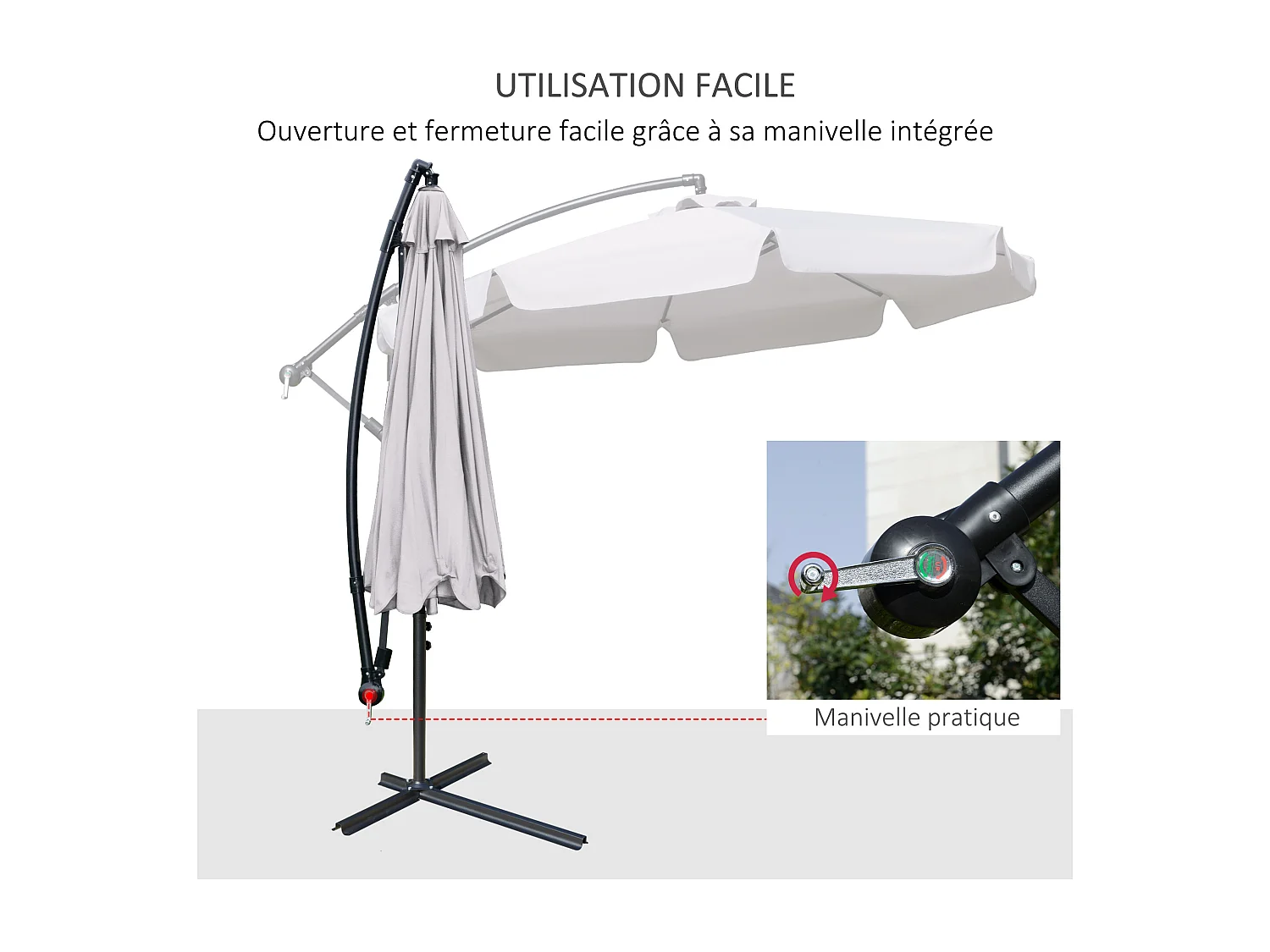 Parasol déporté octogonal inclinable manivelle Ø 2,65 x 2,45H m acier époxy polyester gris