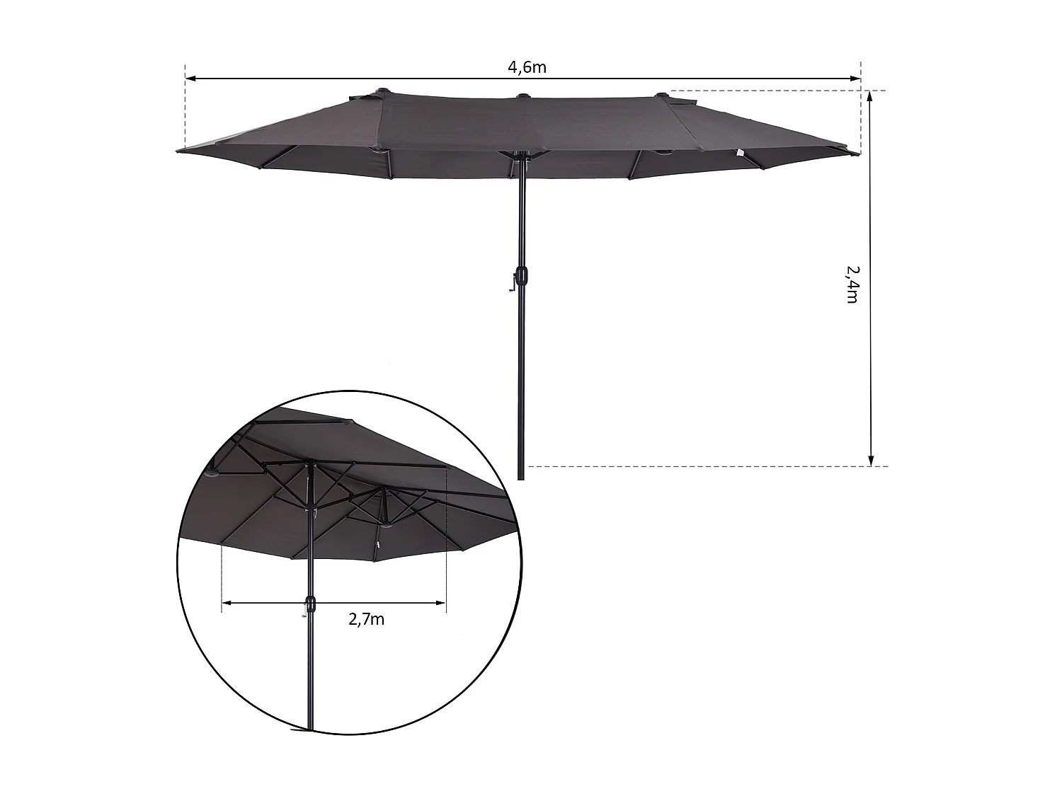 Parasol de jardin XXL parasol grande taille 4,6L x 2,7l x 2,4H m ouverture fermeture manivelle acier polyester haute densité gris