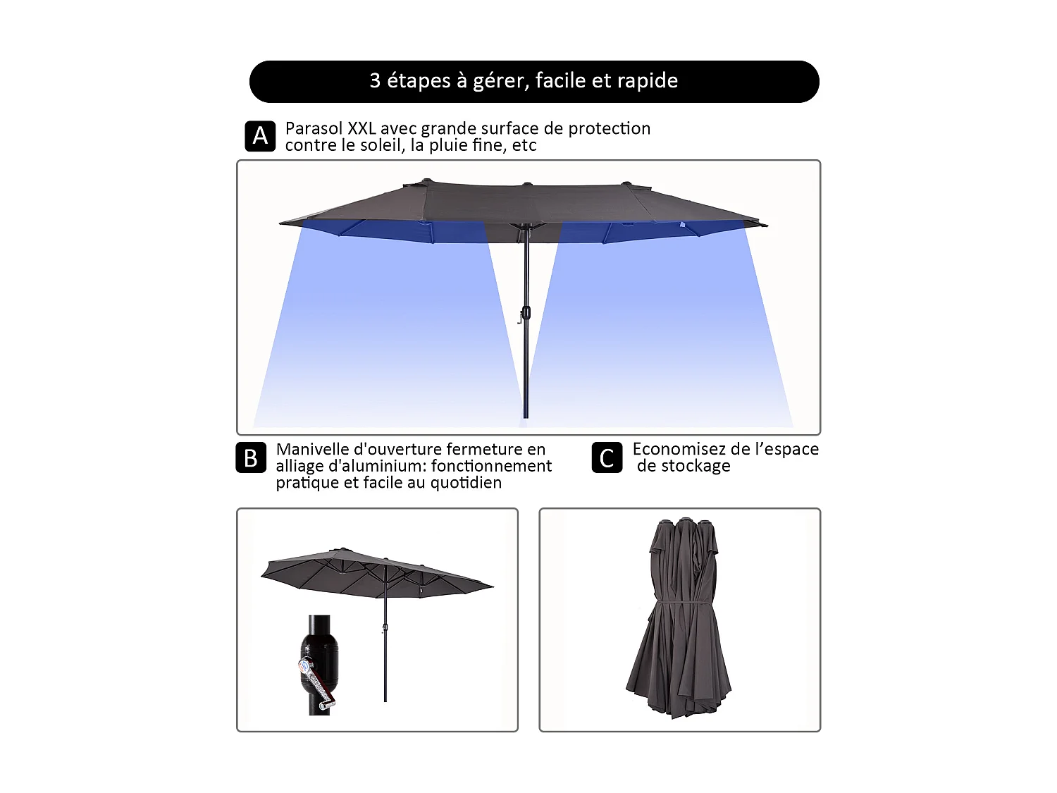 Parasol de jardin XXL parasol grande taille 4,6L x 2,7l x 2,4H m ouverture fermeture manivelle acier polyester haute densité gris
