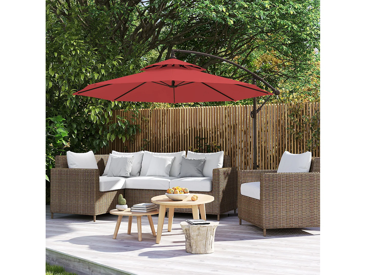 Parasol déporté octogonal inclinable manivelle Ø 2,65 x 2,45H m acier époxy polyester rouge