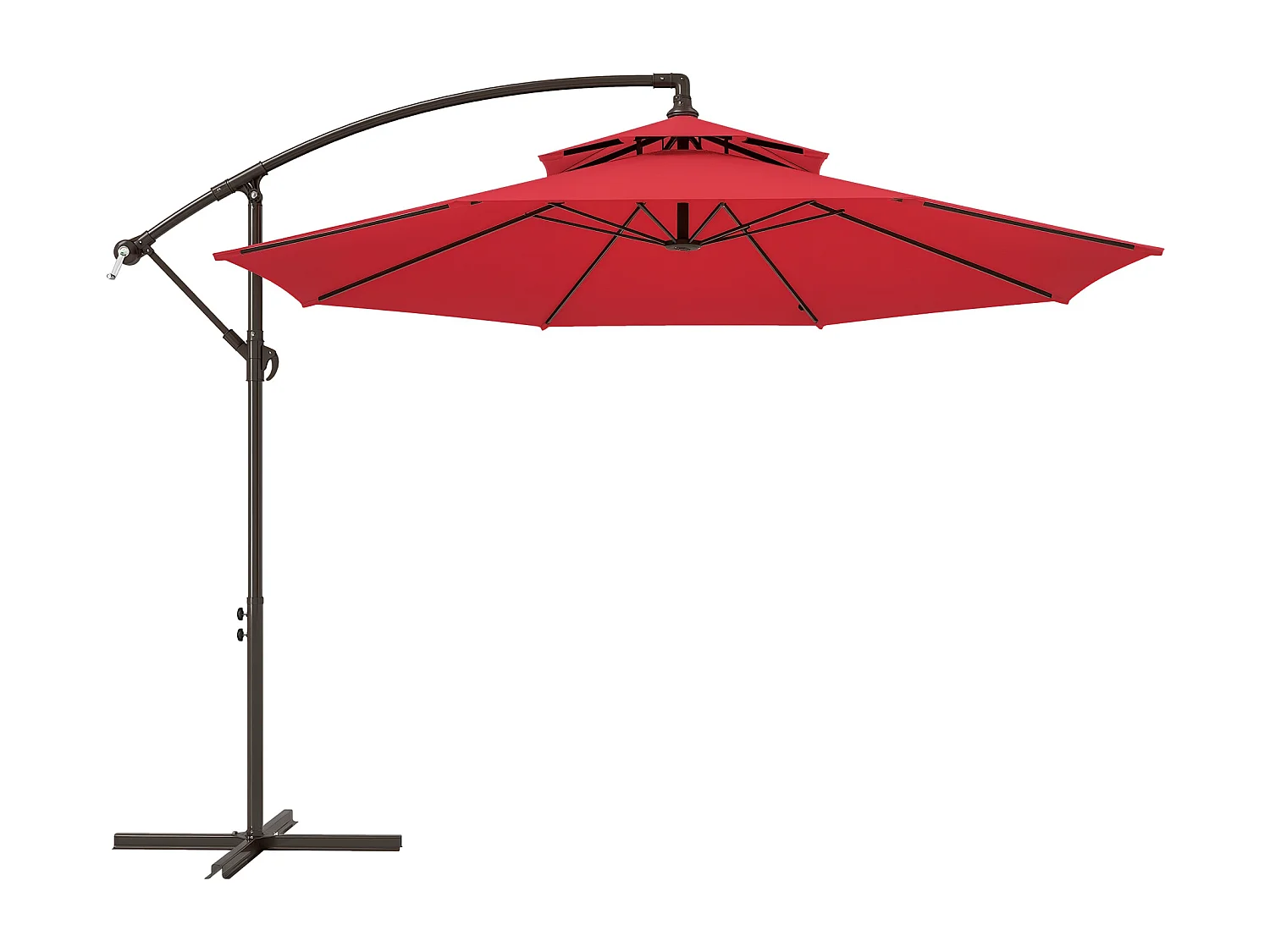 Parasol déporté octogonal inclinable manivelle Ø 2,65 x 2,45H m acier époxy polyester rouge