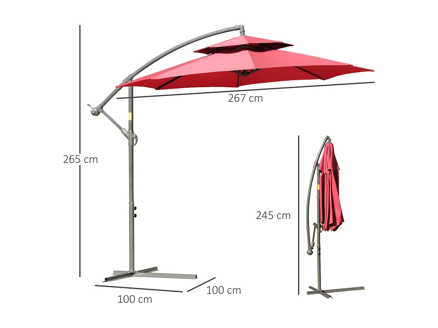 Parasol déporté octogonal inclinable manivelle Ø 2,65 x 2,45H m acier époxy polyester rouge