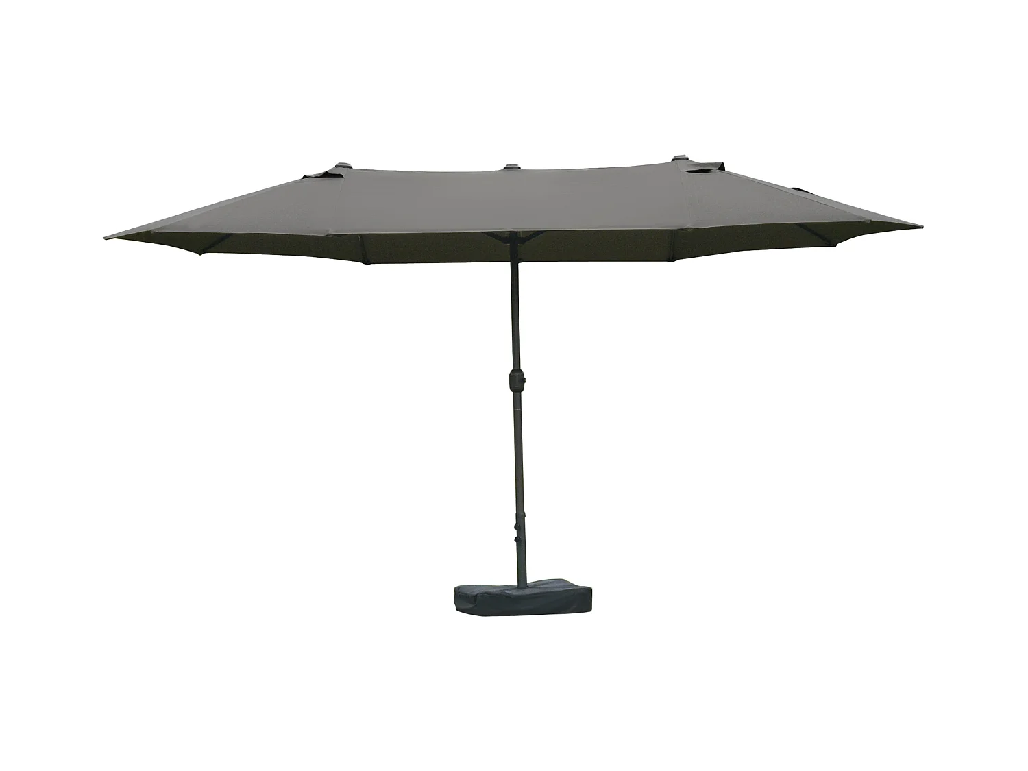 Parasol de jardin XXL dim. 4,6L x 2,7l x 2,4H m ouverture fermeture manivelle pied & contrepoids inclus acier polyester haute densité gris