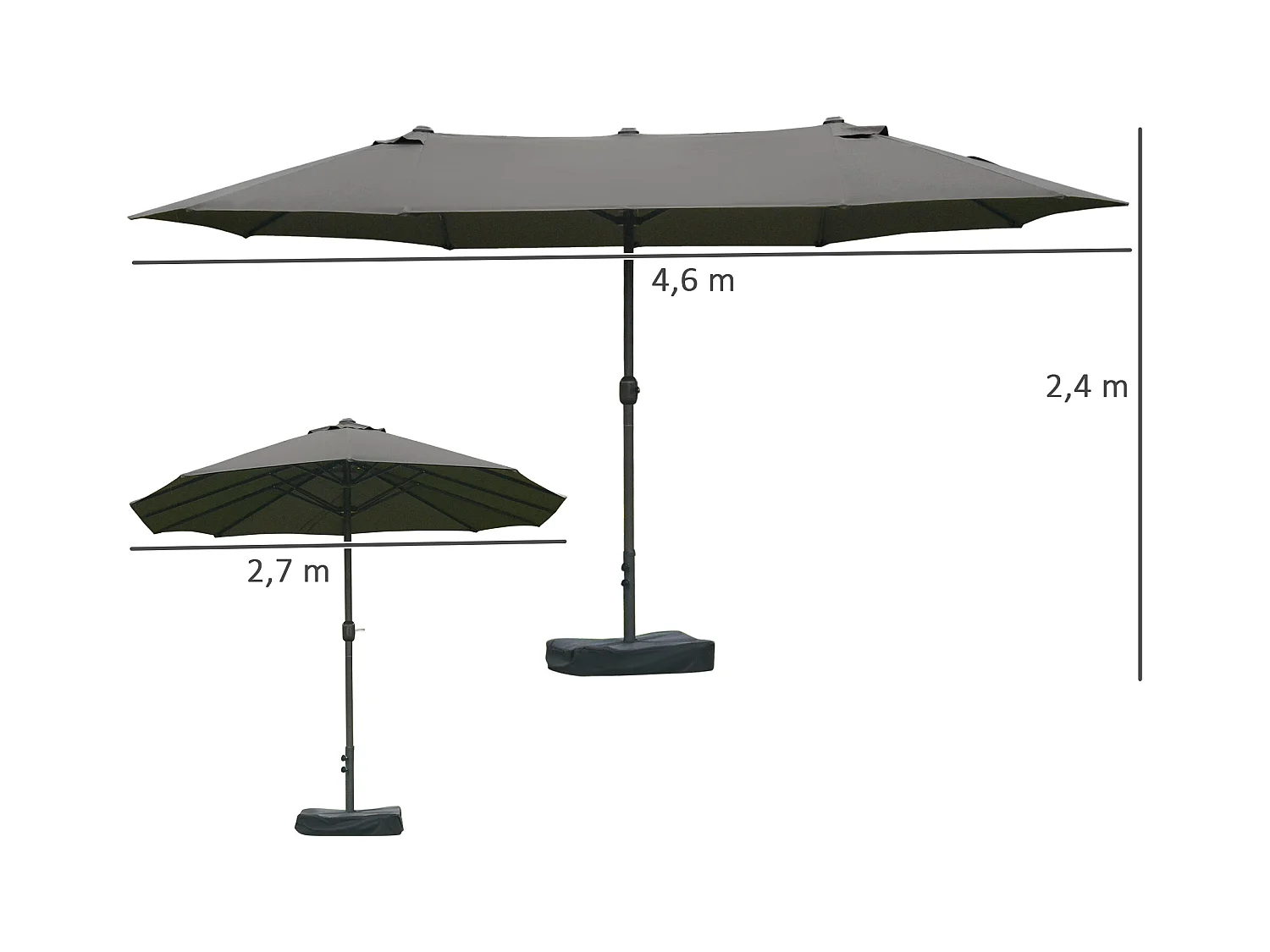 Parasol de jardin XXL dim. 4,6L x 2,7l x 2,4H m ouverture fermeture manivelle pied & contrepoids inclus acier polyester haute densité gris