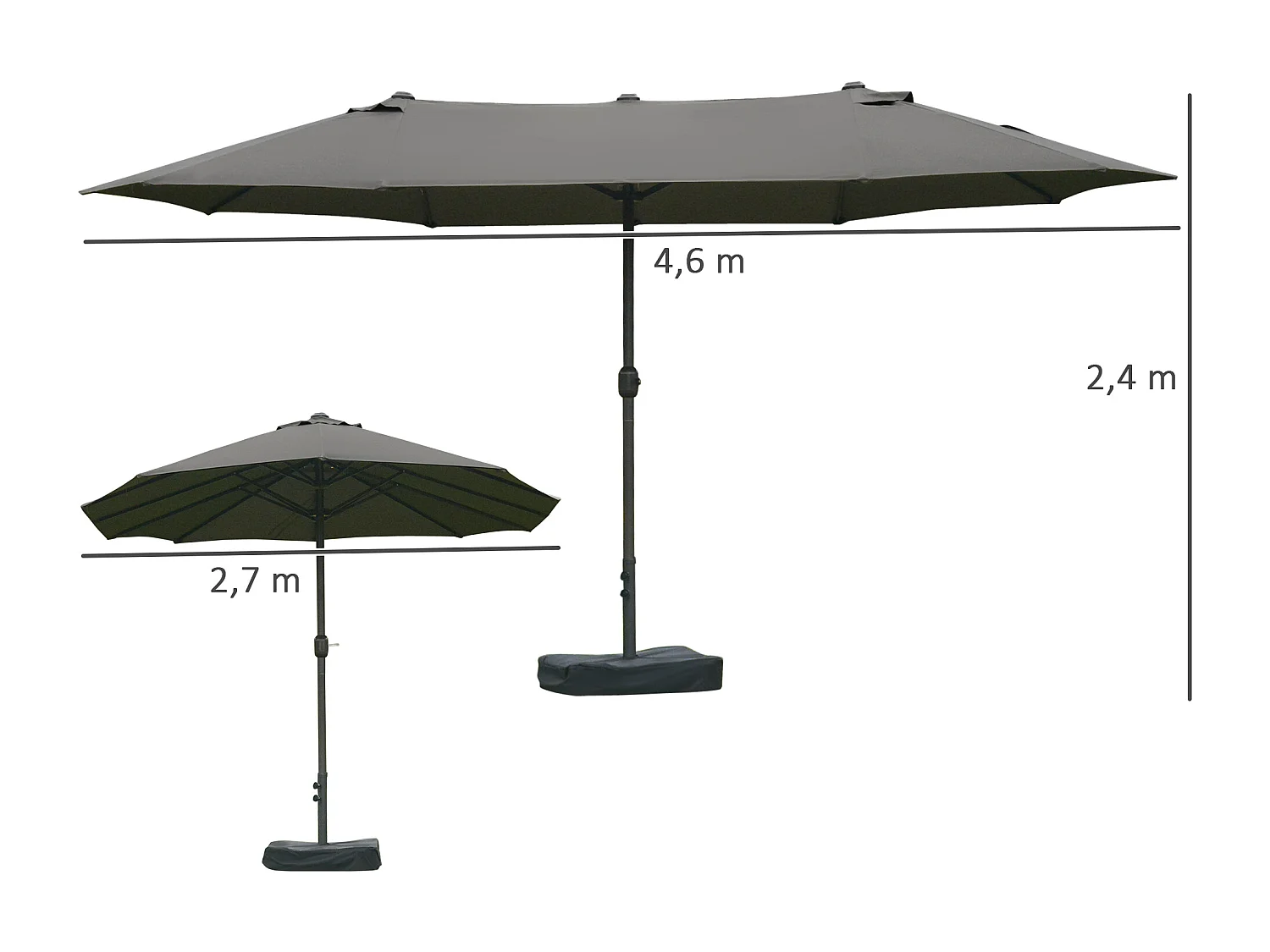 Parasol de jardin XXL dim. 4,6L x 2,7l x 2,4H m ouverture fermeture manivelle pied & contrepoids inclus acier polyester haute densité gris