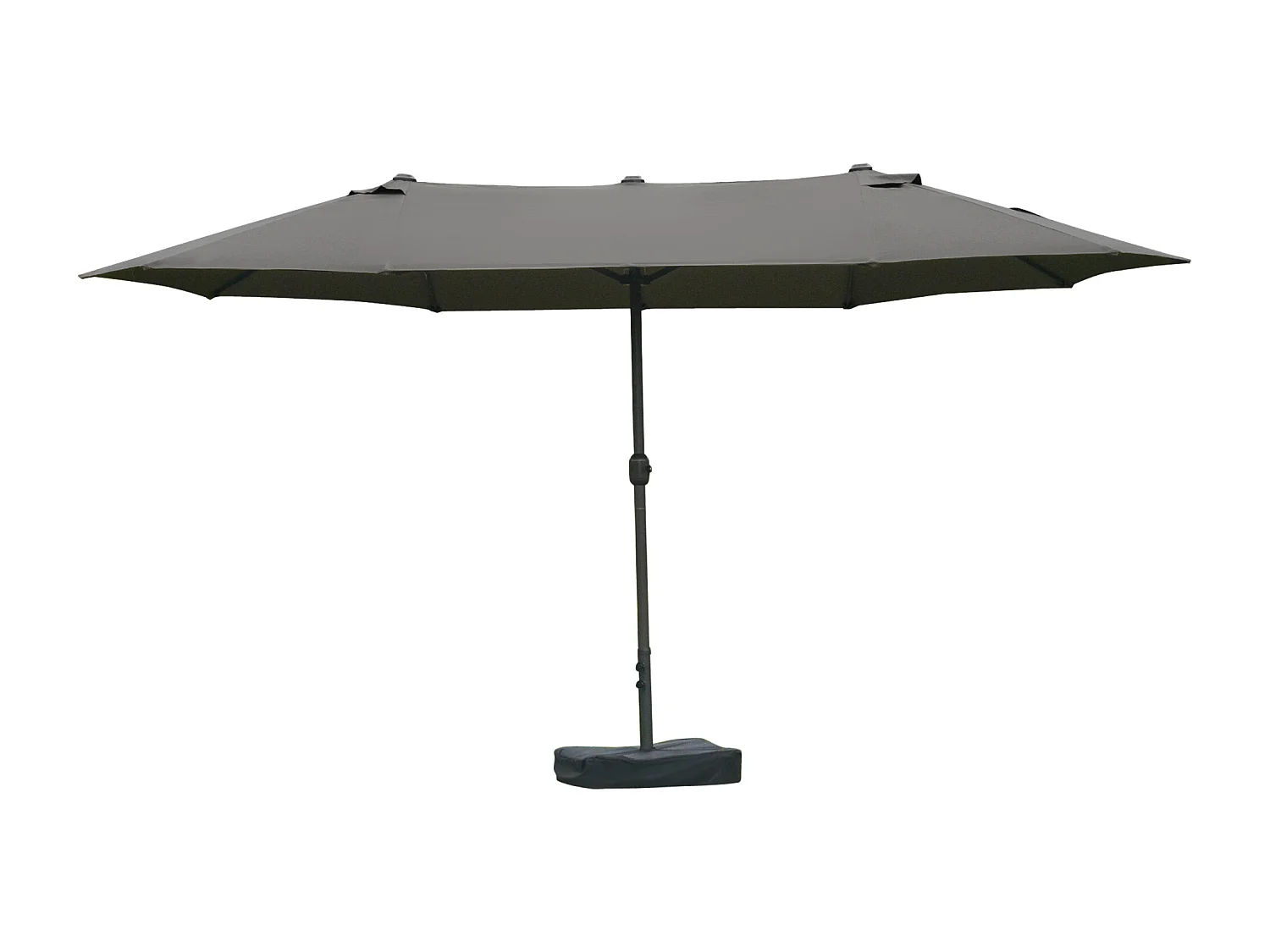 Parasol de jardin XXL dim. 4,6L x 2,7l x 2,4H m ouverture fermeture manivelle pied & contrepoids inclus acier polyester haute densité gris
