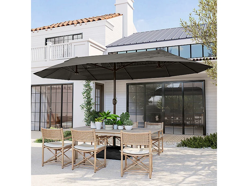 Parasol de jardin XXL dim. 4,6L x 2,7l x 2,4H m ouverture fermeture manivelle pied & contrepoids inclus acier polyester haute densité gris