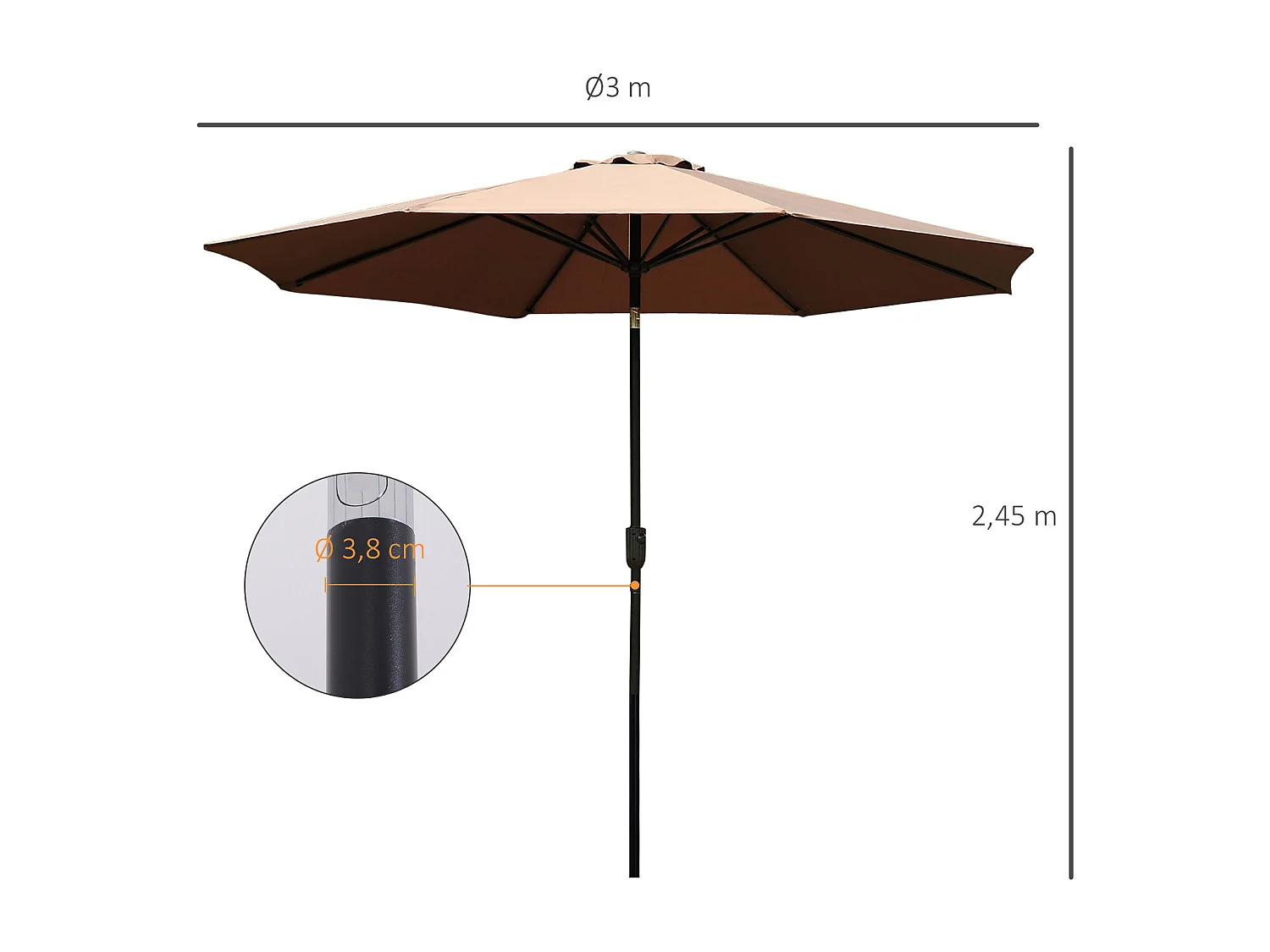 Parasol en métal rond polyester 180g/m² manivelle inclinable Ø 3 x 2,45 m chocolat
