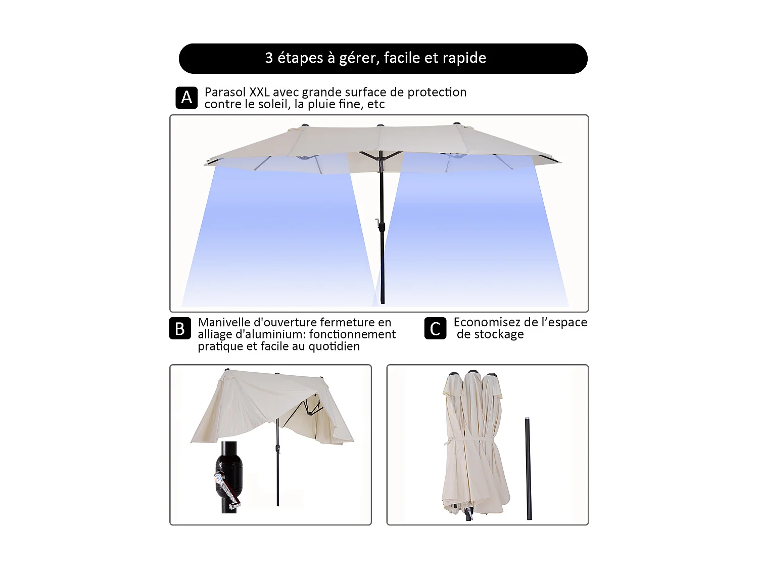 Parasol de jardin XXL parasol grande taille 4,6L x 2,7l x 2,4H m manivelle acier polyester haute densité crème