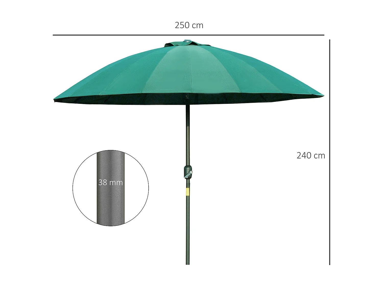 Parasol inclinable rond avec manivelle métal fibre de verre Ø 2,55 m polyester haute densité vert