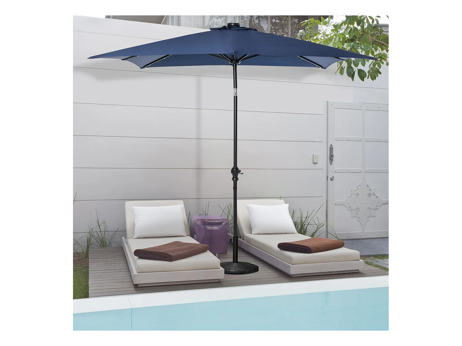 Parasol lumineux rectangulaire inclinable dim. 2,68L x 2,05l x 2,48H m parasol LED solaire métal polyester haute densité bleu
