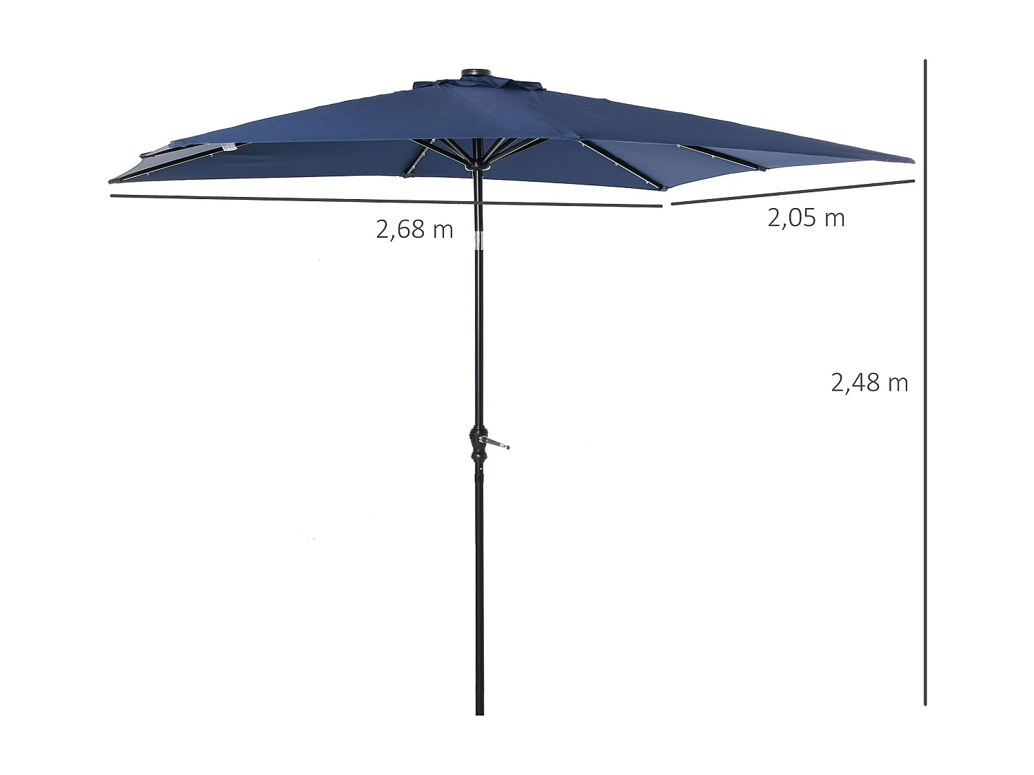 Parasol lumineux rectangulaire inclinable dim. 2,68L x 2,05l x 2,48H m parasol LED solaire métal polyester haute densité bleu