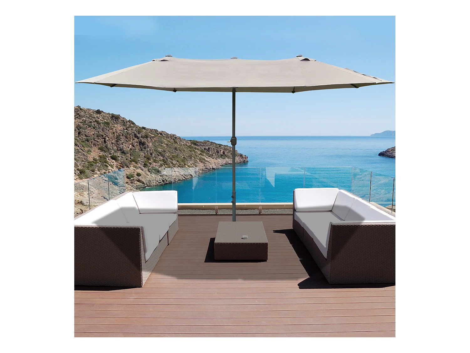 Parasol de jardin XXL parasol grande taille 4,6L x 2,7l x 2,4H cm ouverture fermeture manivelle acier polyester haute densité gris clair