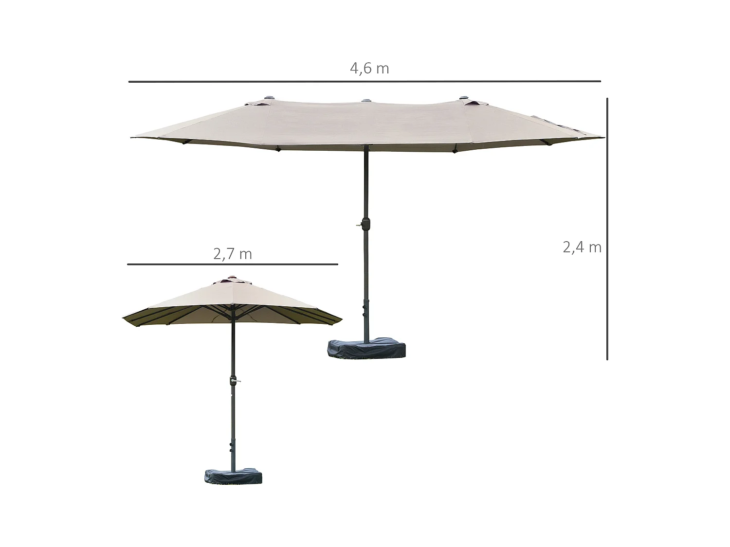 Parasol de jardin XXL parasol grande taille 4,6L x 2,7l x 2,4H cm ouverture fermeture manivelle acier polyester haute densité gris clair