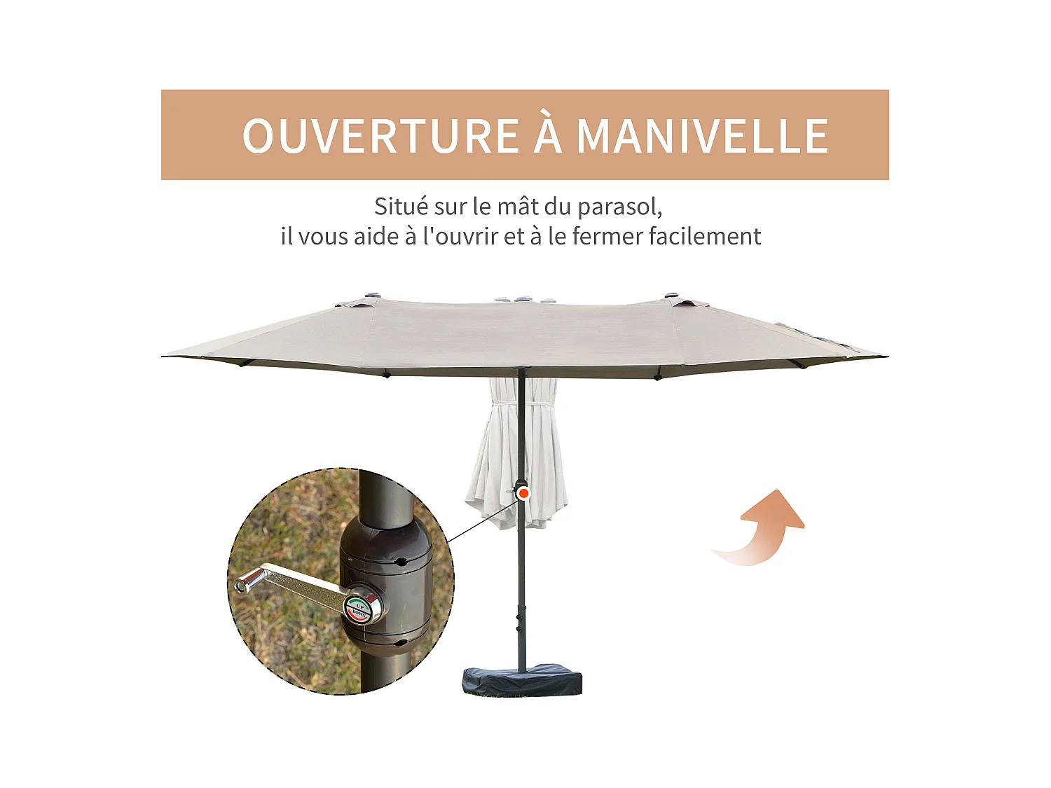 Parasol de jardin XXL parasol grande taille 4,6L x 2,7l x 2,4H cm ouverture fermeture manivelle acier polyester haute densité gris clair