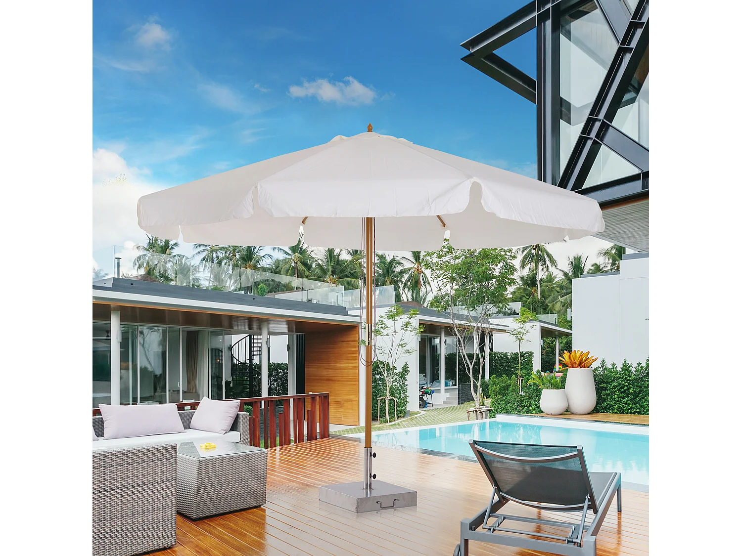 Parasol droit rond grande taille de jardin Ø 3,25 x 2,5H m bois de bambou polyester crème