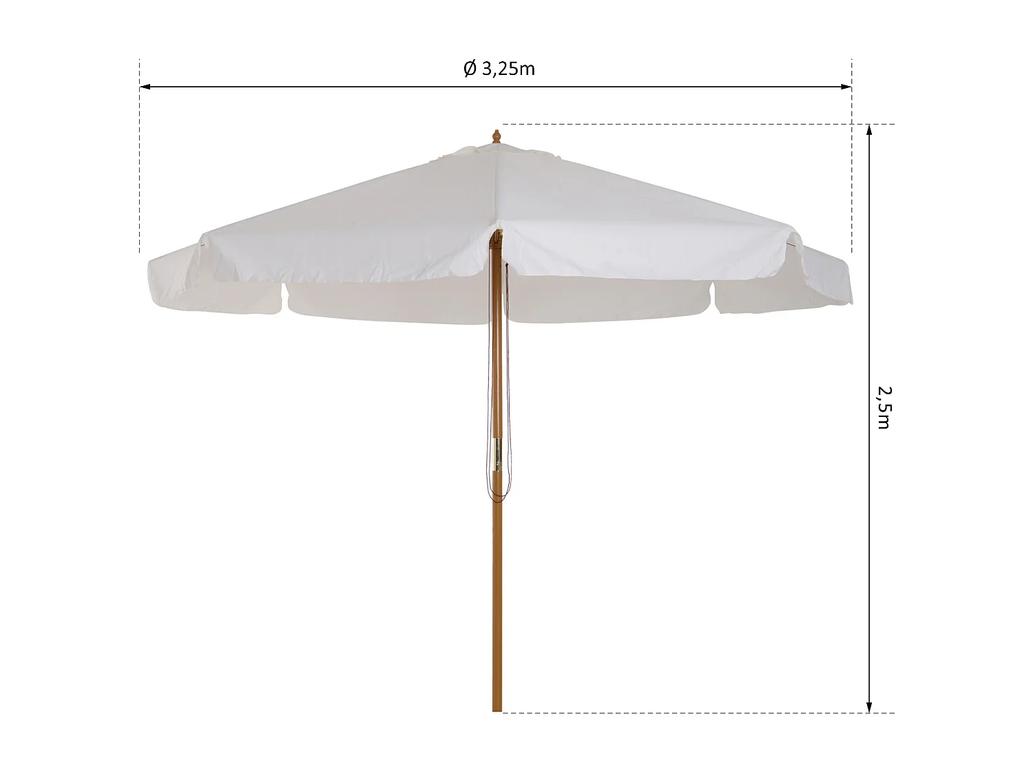 Parasol droit rond grande taille de jardin Ø 3,25 x 2,5H m bois de bambou polyester crème