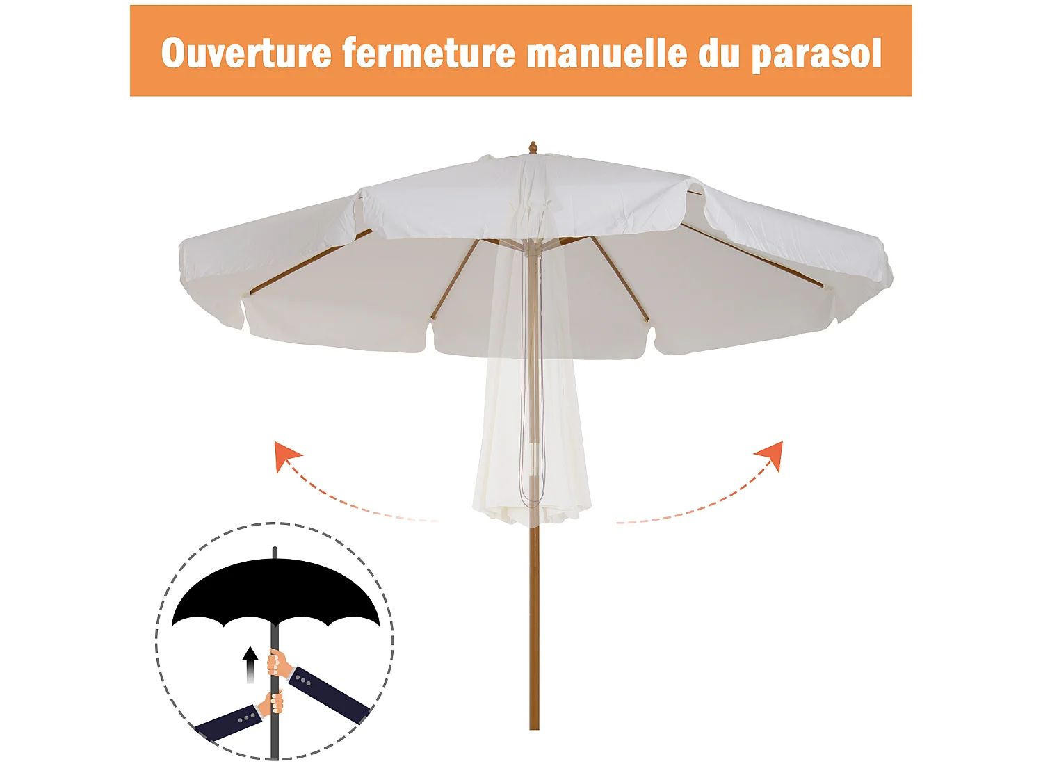 Parasol droit rond grande taille de jardin Ø 3,25 x 2,5H m bois de bambou polyester crème
