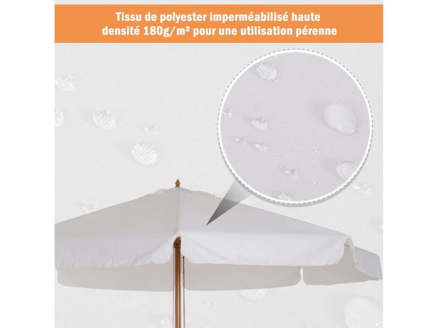 Parasol droit rond grande taille de jardin Ø 3,25 x 2,5H m bois de bambou polyester crème