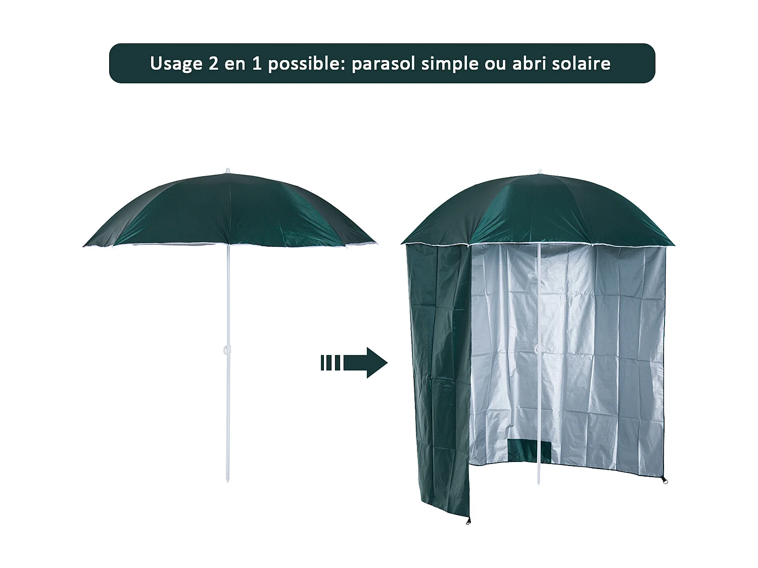 Parasol de plage Ø 2,2 x 2,2H cm protection UPF 50 + sac transport, sardines et lestage intégrés vert foncé